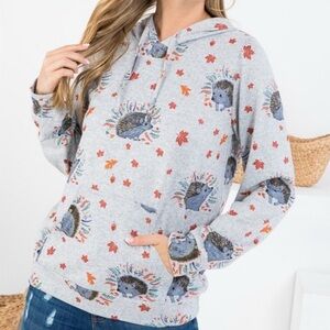 L.A Soul Gray Hedgehog Print Sweater Pullover Hoodie Sweatshirt lightweight